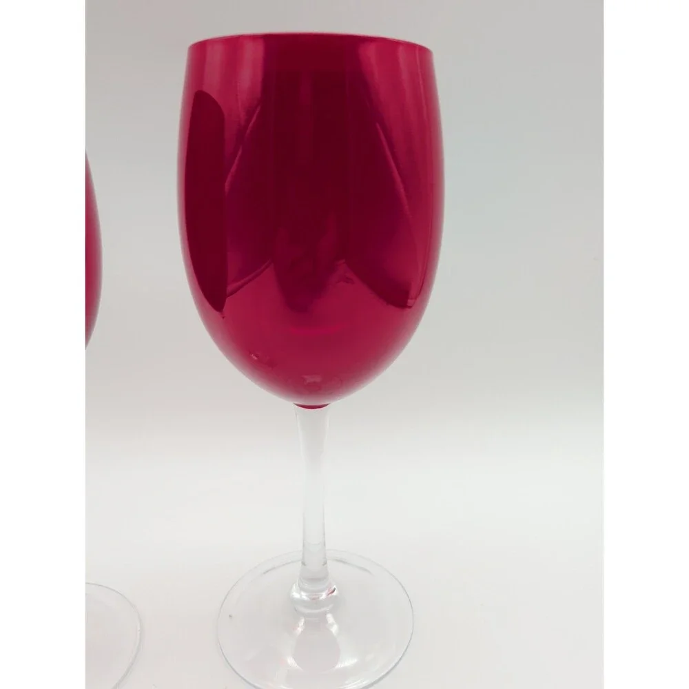 2 Vtg Holiday Red Water Wine Goblets Glasses Clear Stem